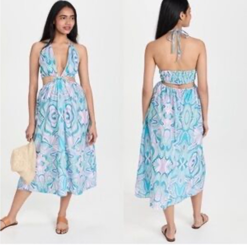 Playa Lucile Blue Patterned Cut Out Halter Dress